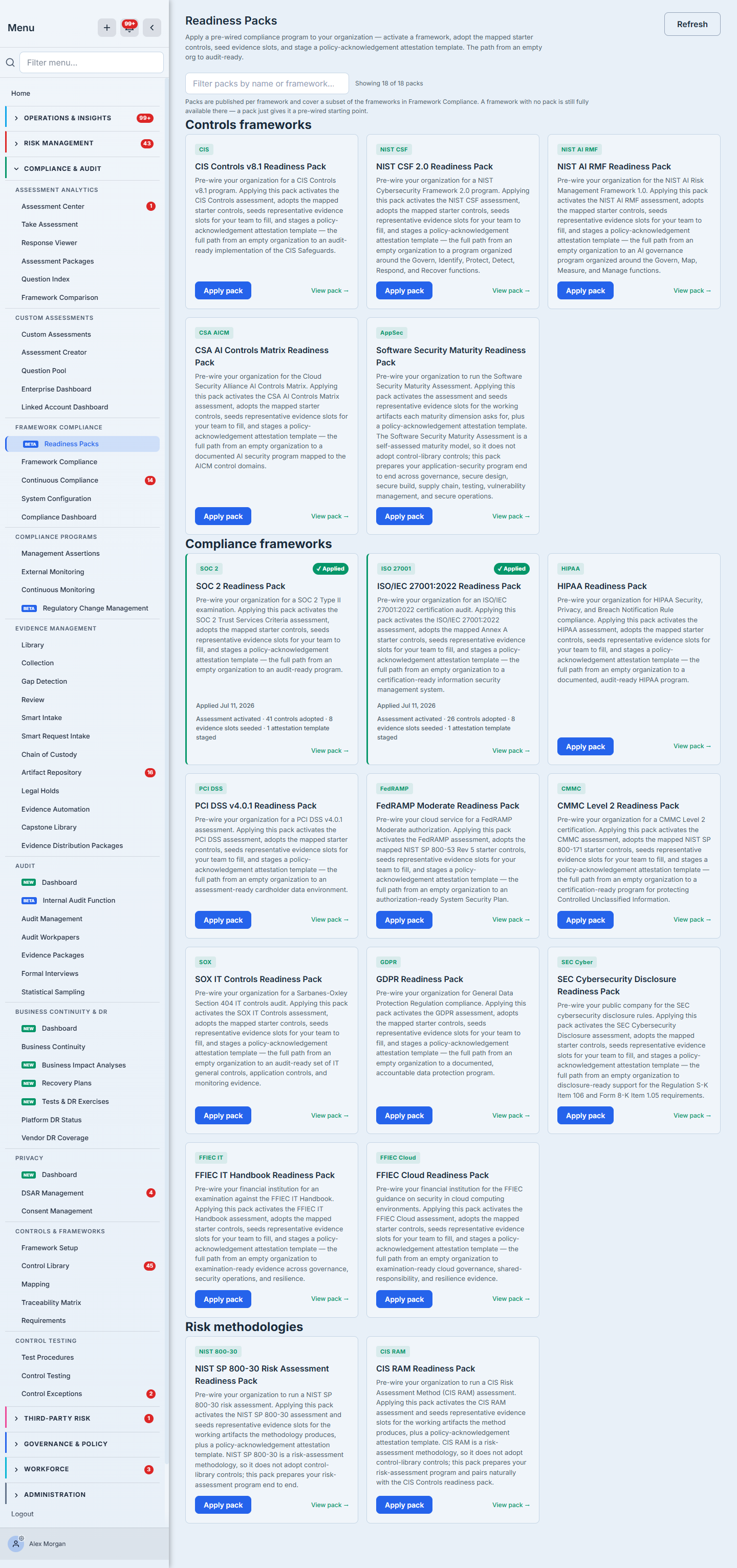 Readiness Packs — one apply activates a framework end to end.