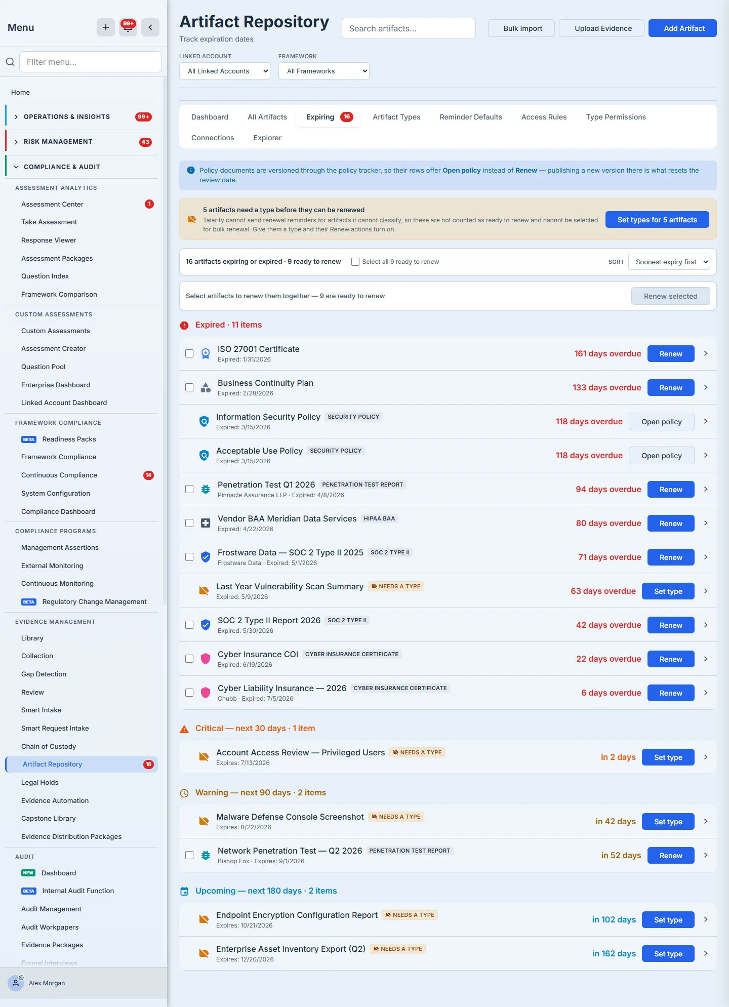 The Artifact Repository's Expiring tab — the expiry pipeline at item level.
