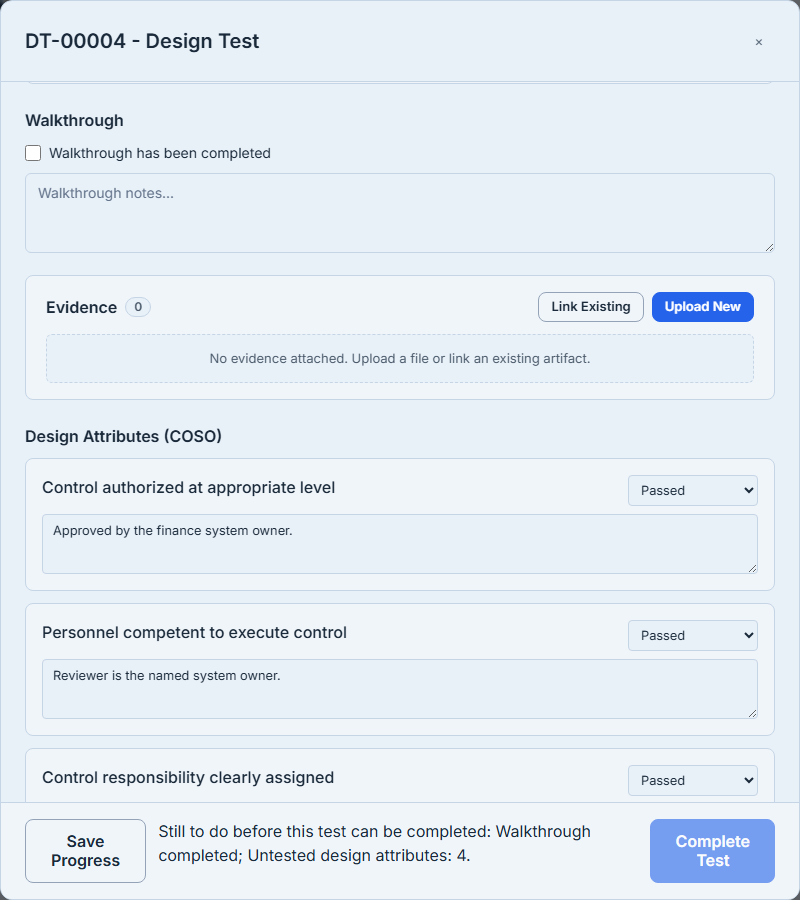 A design test part-way through: the ten COSO attributes, each with its own result select and notes field, several already graded and the rest still untouched, with Complete Test greyed at the foot of the dialog and a line beside it naming what is still outstanding.