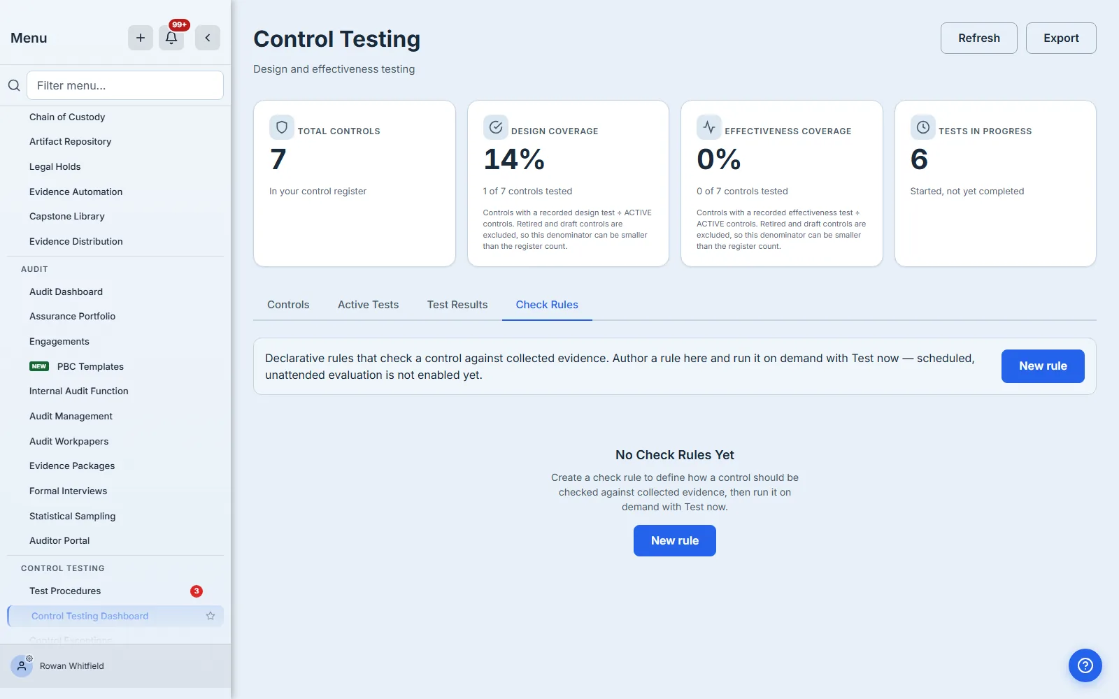 The Check Rules tab with no rules yet: a header stating that rules check a control against collected evidence and are run on demand with Test now, and an empty state inviting you to create the first rule.
