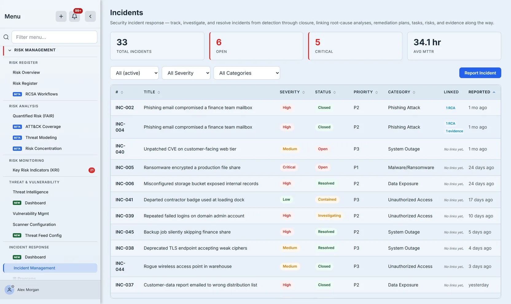 The incident register: 33 total incidents, 6 open, 5 critical, 34.1 hr average MTTR, and a table of incidents sorted by reported date showing a real spread from a month ago to yesterday, with severity, status, priority, category and linked-record columns.