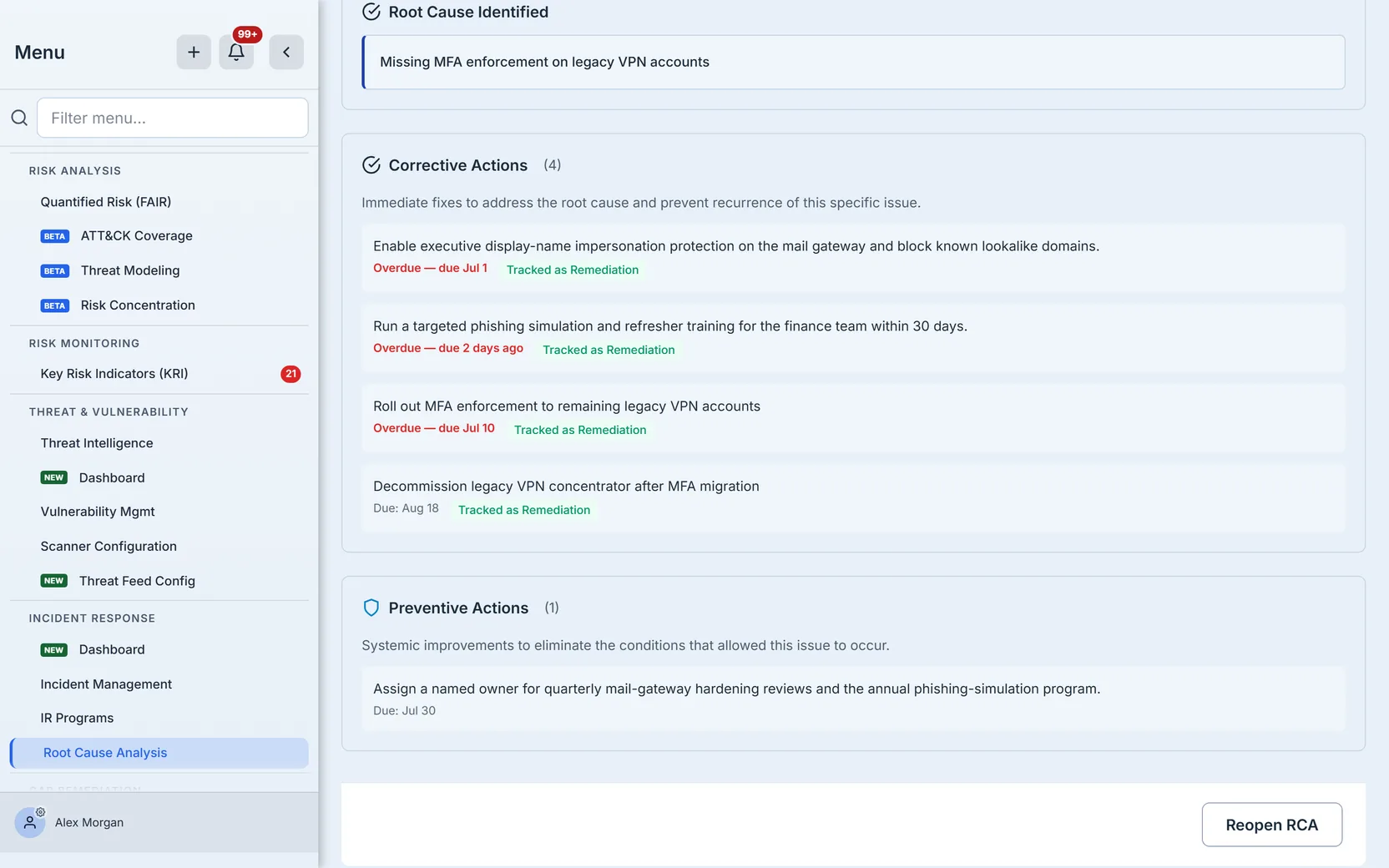 A root-cause analysis detail page: the recorded root cause "Missing MFA enforcement on legacy VPN accounts" in an emphasized panel, followed by four corrective actions, three of them marked overdue in red.