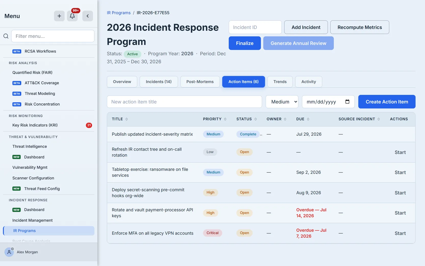 The IR program detail page on the Action Items tab: six corrective actions with priority and status pills, owners, due dates (two flagged overdue in red), and source incidents.