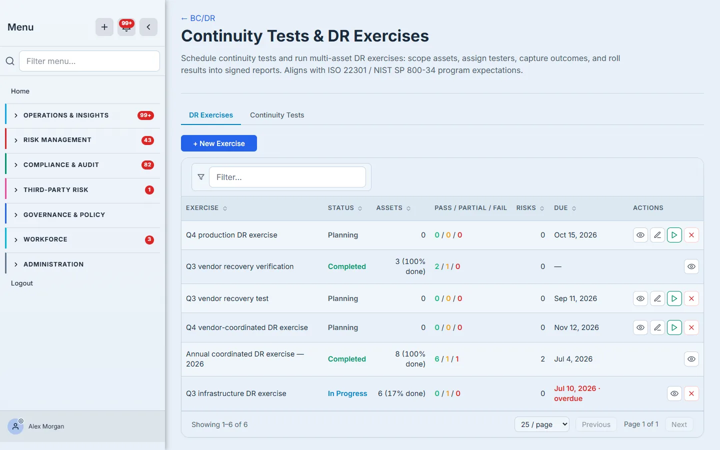 The Tests & Exercises page — where outcomes and actual recovery times are recorded.