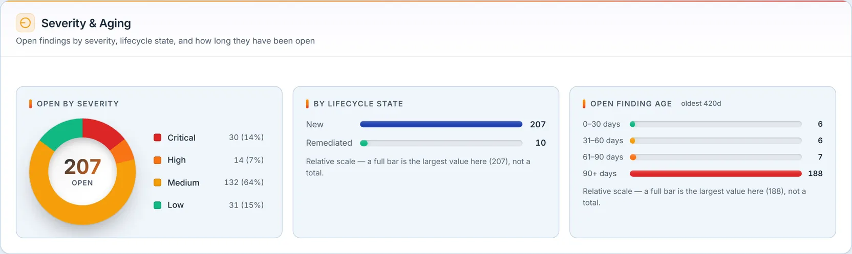 The Severity and Aging section: an "Open by Severity" donut totalling 207 open findings — 30 critical, 14 high, 132 medium, 31 low — a "By Lifecycle State" bar, and an "Open Finding Age" panel with four bars (0–30 days 6, 31–60 days 6, 61–90 days 7, 90+ days 188) noting the oldest open finding is 420 days old.