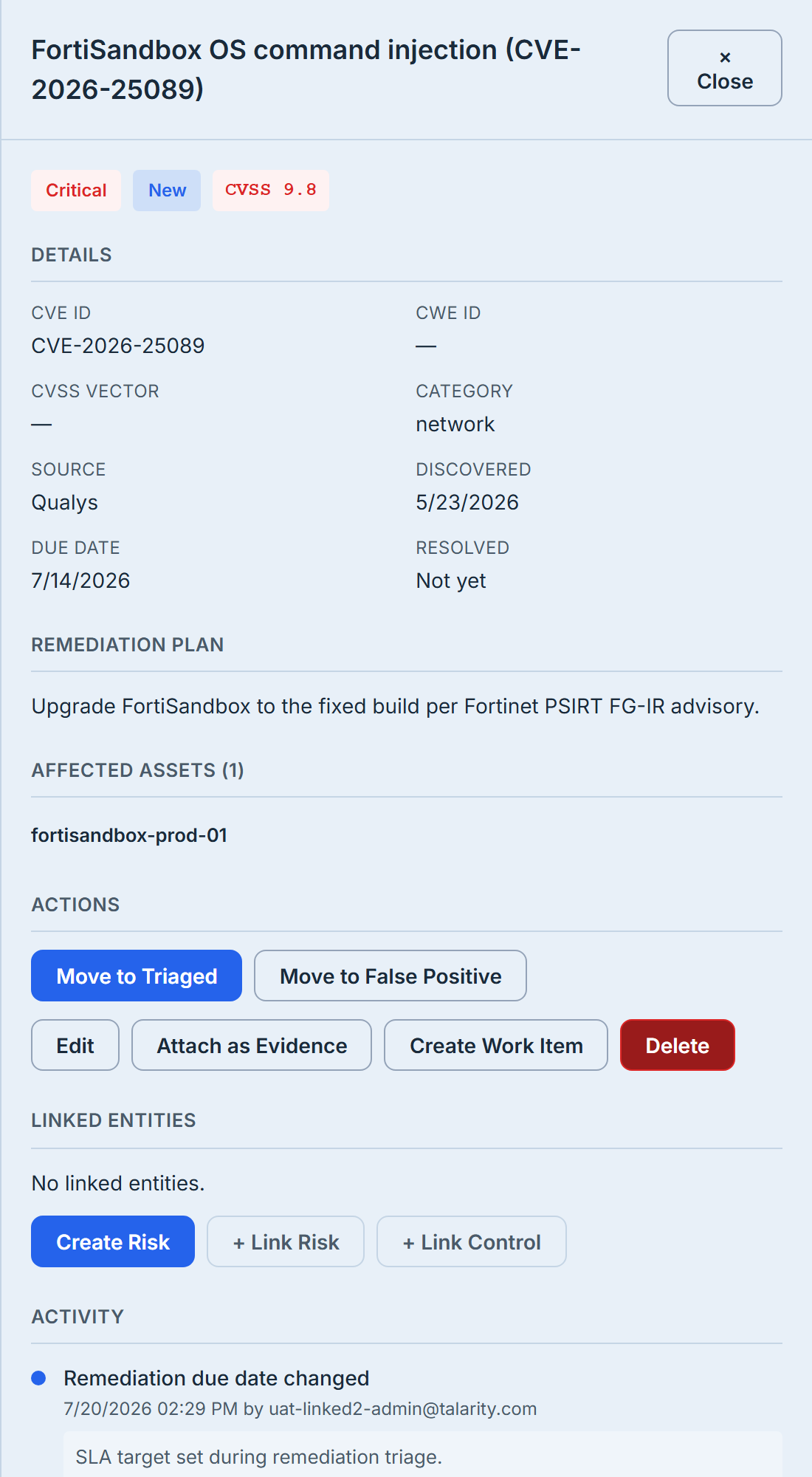 A vulnerability detail view in Vulnerability Management, showing a single finding's CVE, severity, CVSS, affected assets, remediation assignment, due date, and status history.