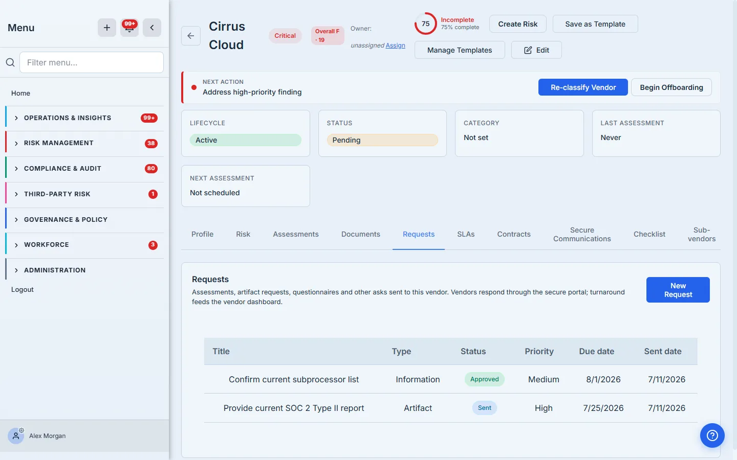 The vendor case file's Requests tab — every request sent to this vendor with status, priority, and due date.