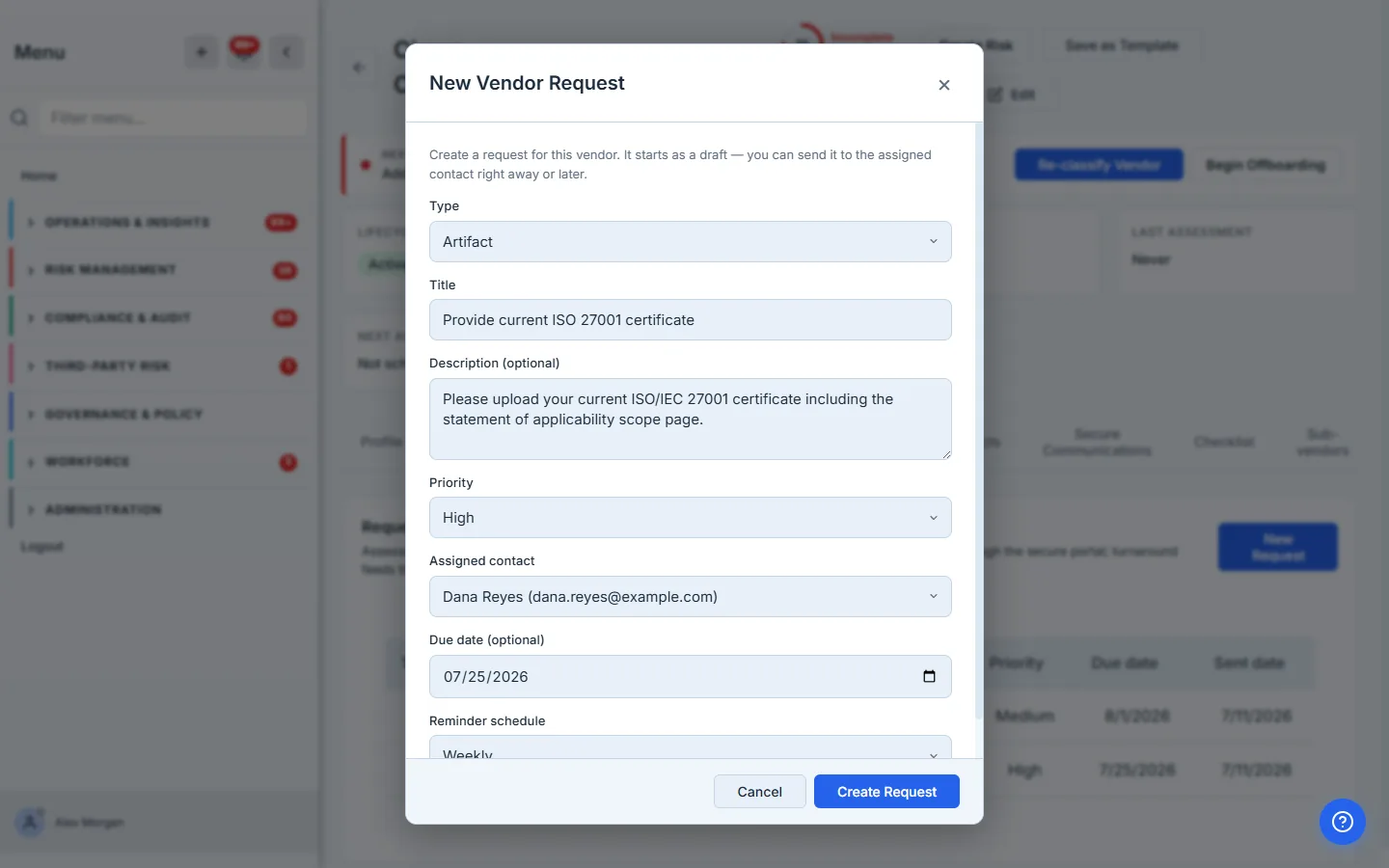 New Request modal — type, priority, assigned vendor contact, due date, and the reminder schedule.