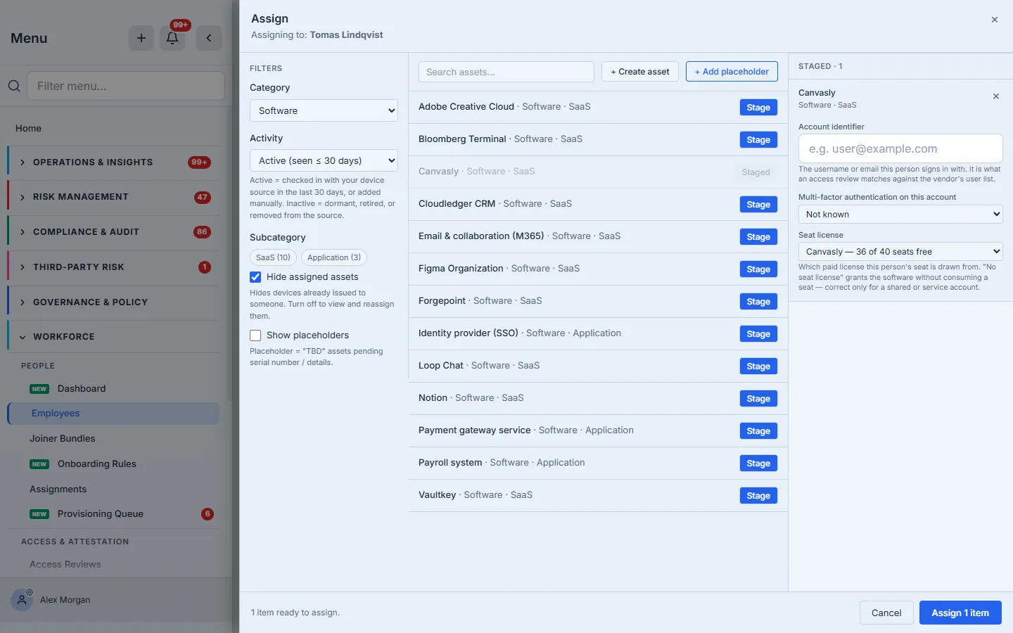 The assignment picker: Canvasly staged against Tomas Lindqvist, with an Account identifier, MFA state, and a Seat license selector reading "Canvasly — 36 of 40 seats free".