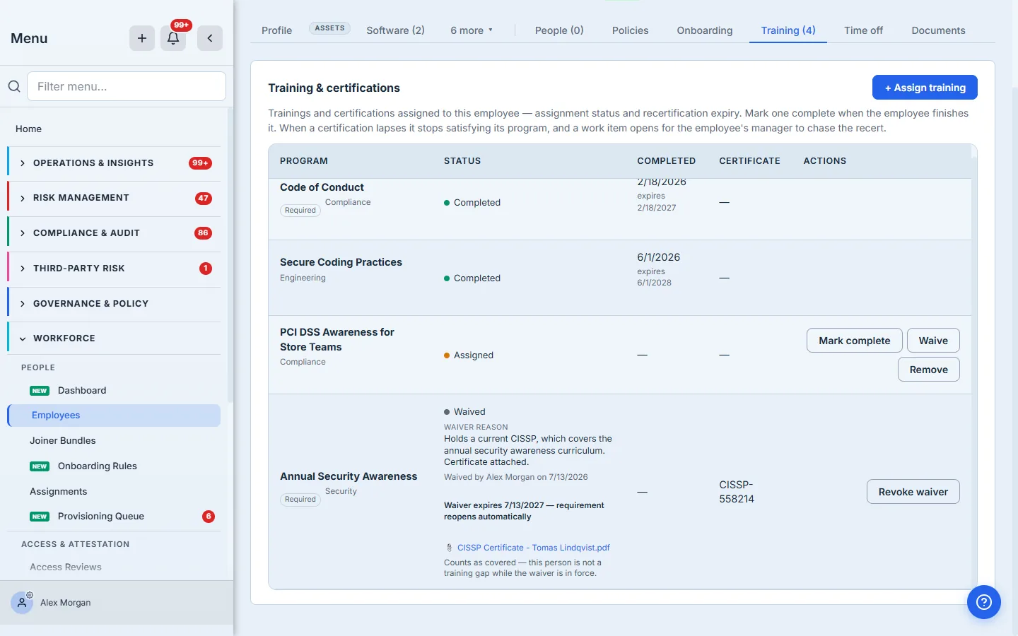 An employee's training record with Annual Security Awareness waived, showing the justification, the approver, the review date and the certificate the exemption rests on.