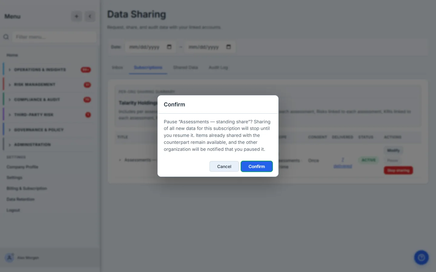 The Pause confirmation — pausing the standing share stops all new data for this subscription until it's resumed; items already shared stay available, and the counterpart is notified.