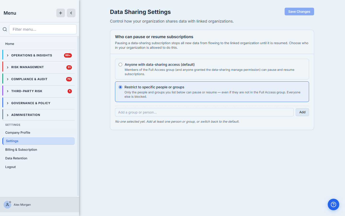 Data Sharing Settings — choose whether anyone with data-sharing access can pause/resume (the default) or restrict it to a named list of people and groups, who are then the only ones allowed even outside the Full Access group.