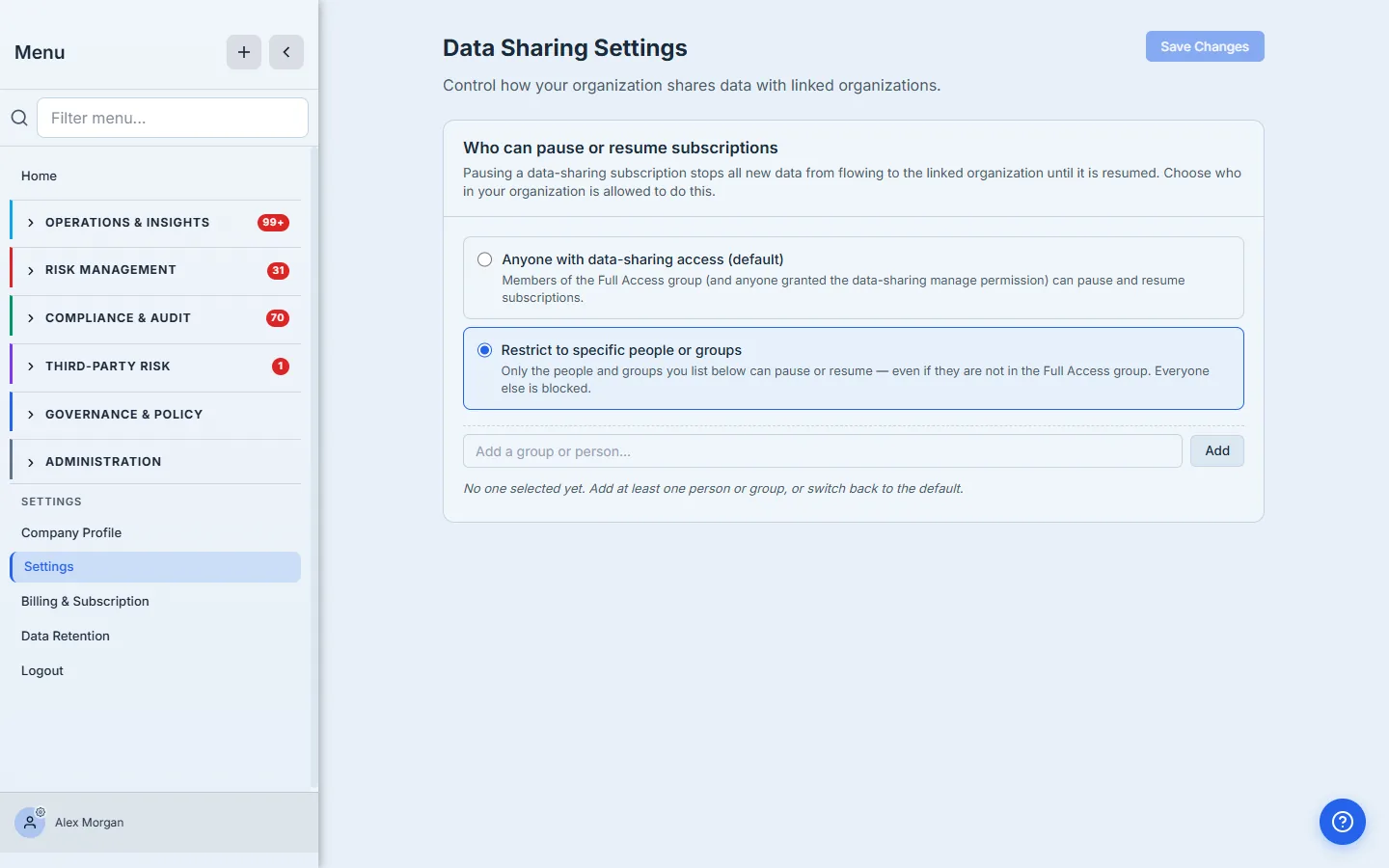 Data Sharing Settings — choose whether anyone with data-sharing access can pause/resume (the default) or restrict it to a named list of people and groups, who are then the only ones allowed even outside the Full Access group.