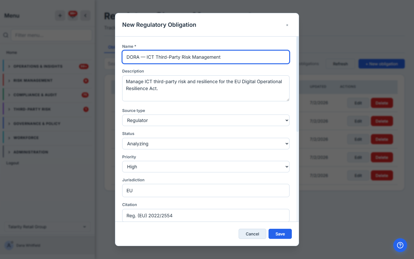 The "New Regulatory Obligation" form filled in for "DORA — ICT Third-Party Risk Management": name, description, source type (Regulator), status (Analyzing), priority (High), jurisdiction (EU), and citation (Reg. (EU) 2022/2554).