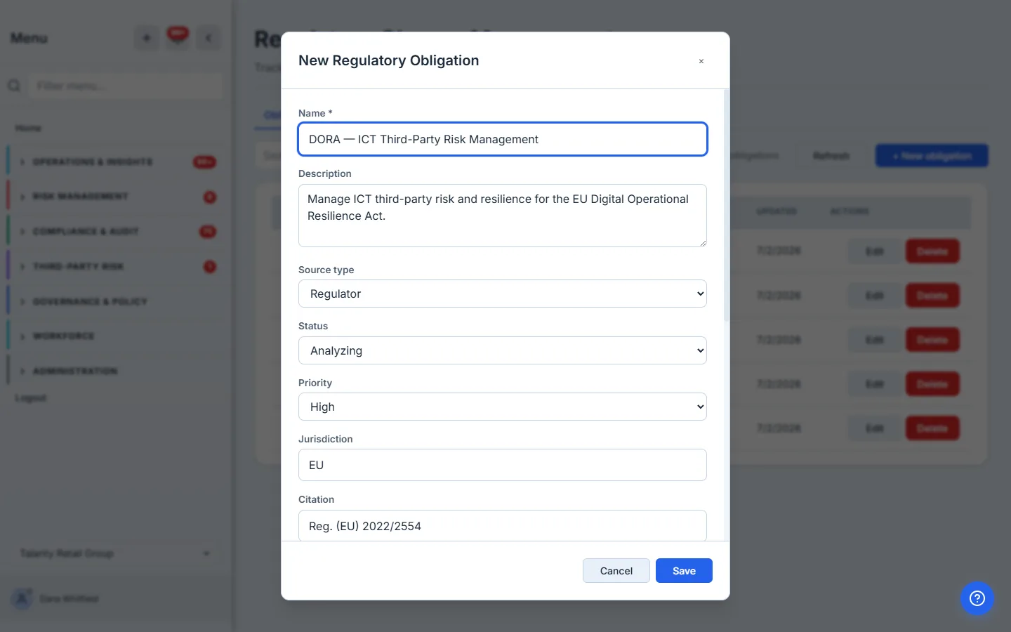 The "New Regulatory Obligation" form filled in for "DORA — ICT Third-Party Risk Management": name, description, source type (Regulator), status (Analyzing), priority (High), jurisdiction (EU), and citation (Reg. (EU) 2022/2554).