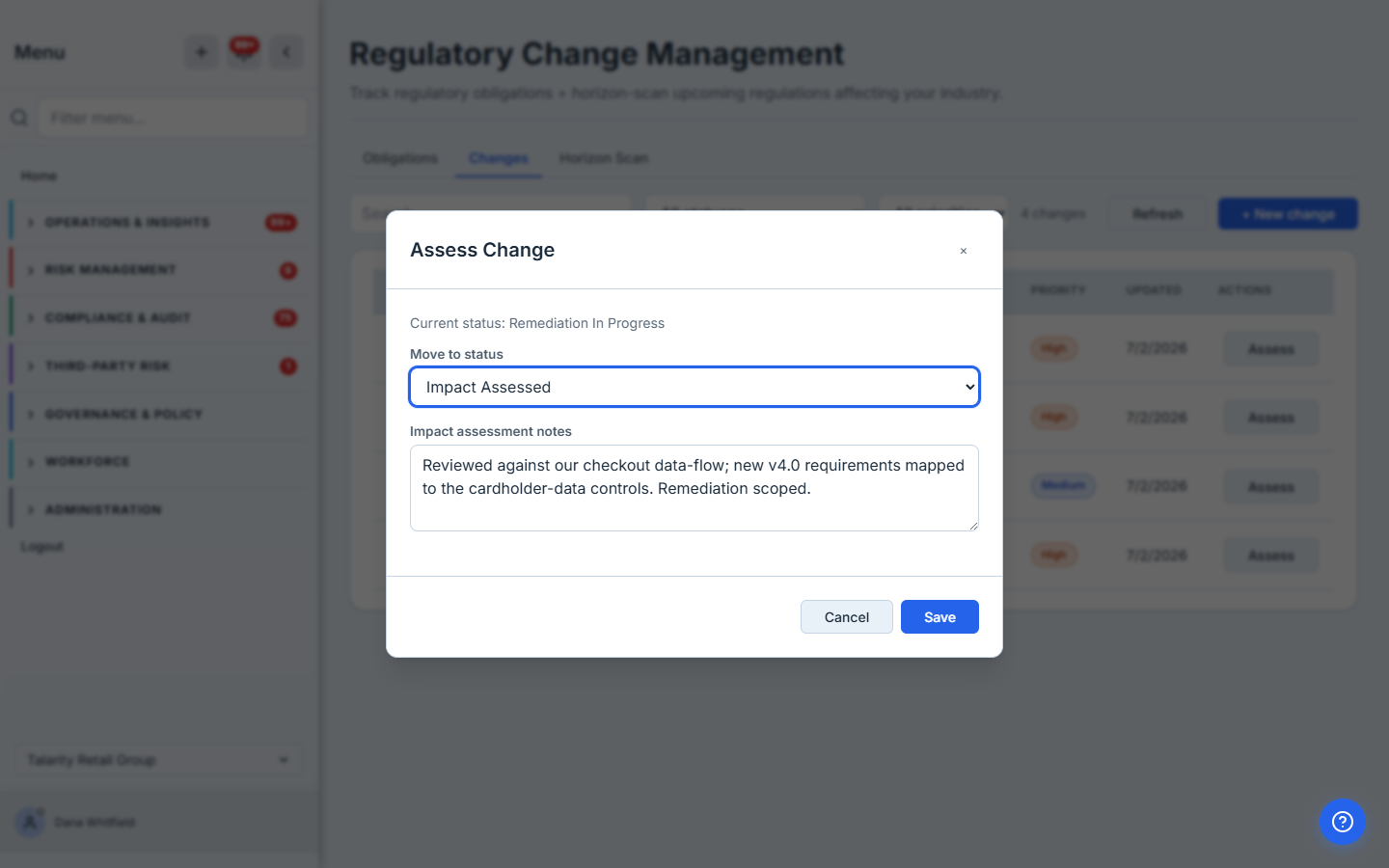 The "Assess Change" modal for the PCI DSS v4.0 change: current status "Remediation In Progress", a "Move to status" dropdown set to "Impact Assessed", and impact-assessment notes describing the review of the checkout data-flow against the new v4.0 requirements.