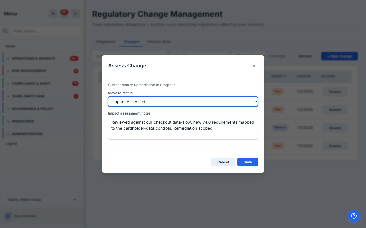 The "Assess Change" modal for the PCI DSS v4.0 change: current status "Remediation In Progress", a "Move to status" dropdown set to "Impact Assessed", and impact-assessment notes describing the review of the checkout data-flow against the new v4.0 requirements.