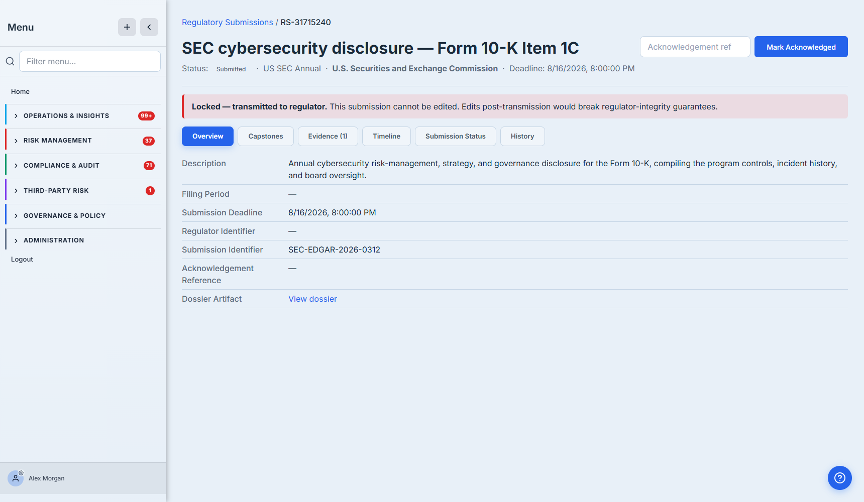 The SEC submission case file — "SEC cybersecurity disclosure — Form 10-K Item 1C", status Submitted, US SEC Annual, U.S. Securities and Exchange Commission, an 8/16/2026 deadline; a red "Locked — transmitted to regulator" banner noting the submission can't be edited post-transmission; a tab strip (Overview, Capstones, Evidence (1), Timeline, Submission Status, History); and the Overview fields — description, deadline, the regulator-assigned Submission Identifier (SEC-EDGAR-2026-0312), and a "View dossier" link to the sealed dossier artifact.