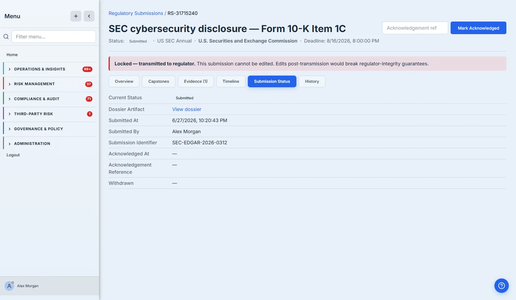 The Submission Status tab for the SEC filing — Current Status Submitted, the generated Dossier Artifact, a Submitted-at timestamp and submitter, and the regulator-assigned Submission Identifier (SEC-EDGAR-2026-0312), with the Acknowledged fields pending the regulator's response.