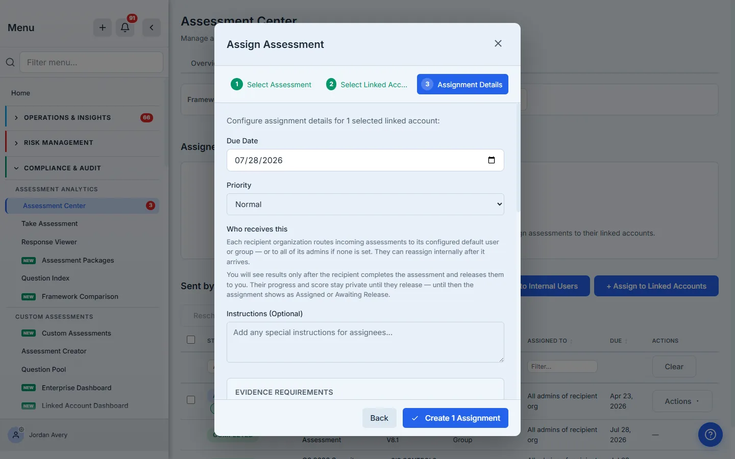 The assignment wizard's final step: assessment name, type, and recipient are summarised, with the "Who receives this" panel spelling out that you'll only see results after the recipient completes and releases them.