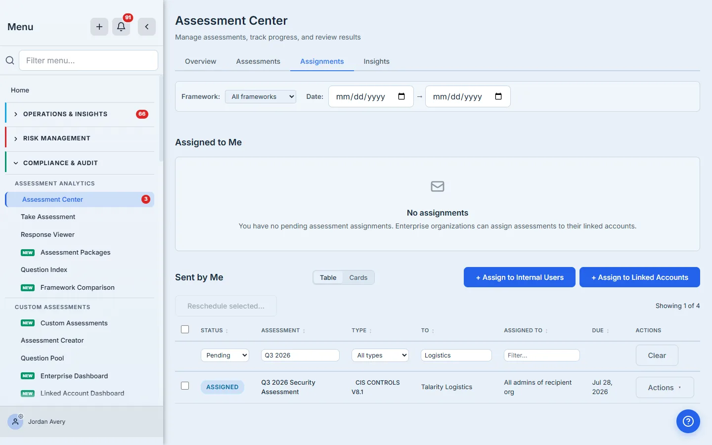 The parent's "Sent by Me" table showing the new Q3 2026 Security Assessment assigned to Talarity Logistics with an "Assigned" status.