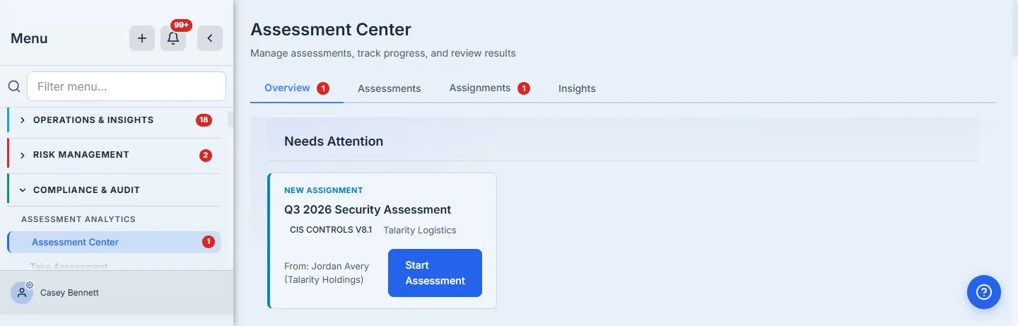 The recipient's Assessment Center Overview: a "Q3 2026 Security Assessment" card marked From Talarity Holdings, with a Start Assessment action.
