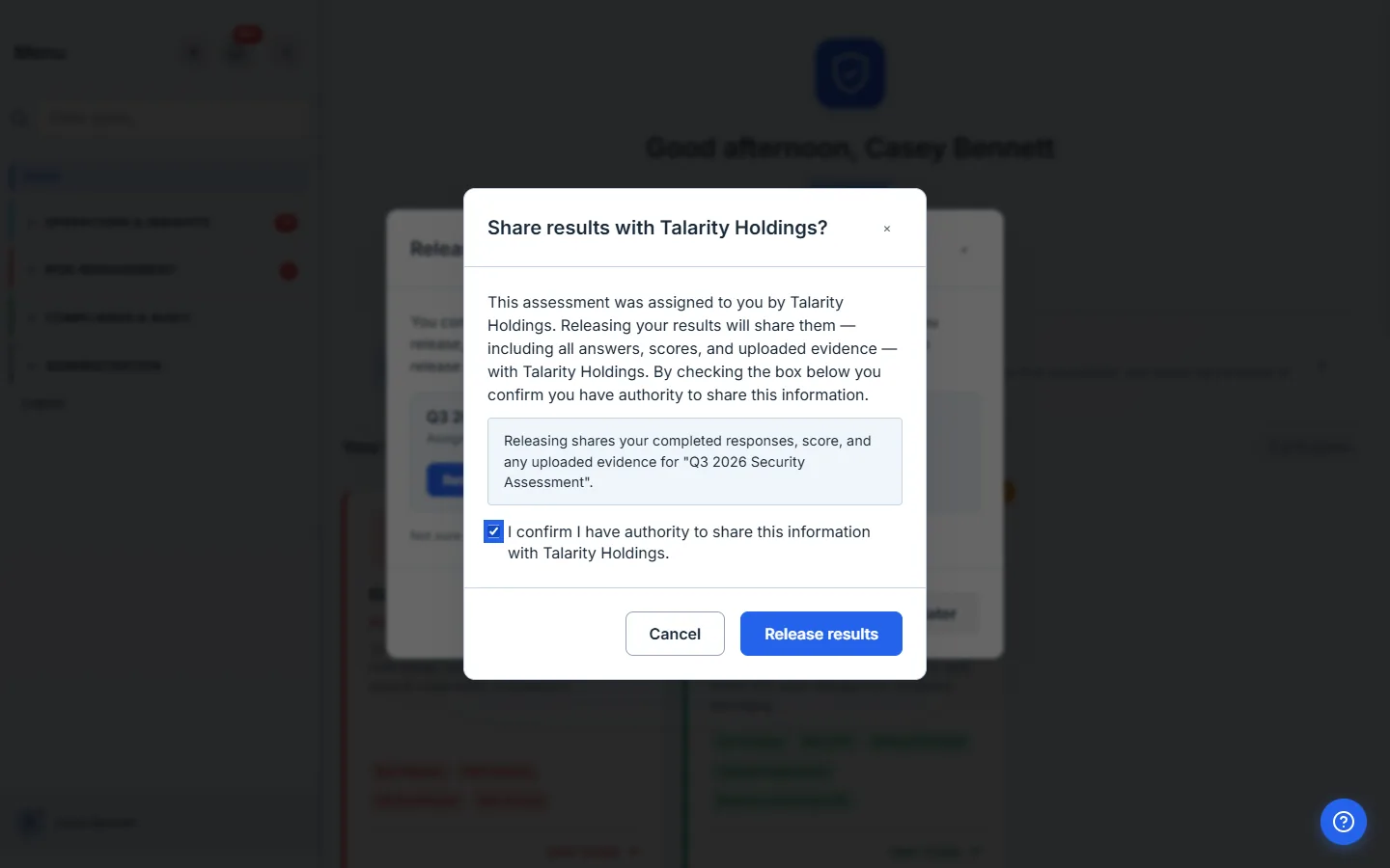 The release consent modal: "Share results with Talarity Holdings?" explaining that releasing shares all answers, scores, and uploaded evidence, with an "I confirm I have authority to share this information" checkbox above the Release results button.