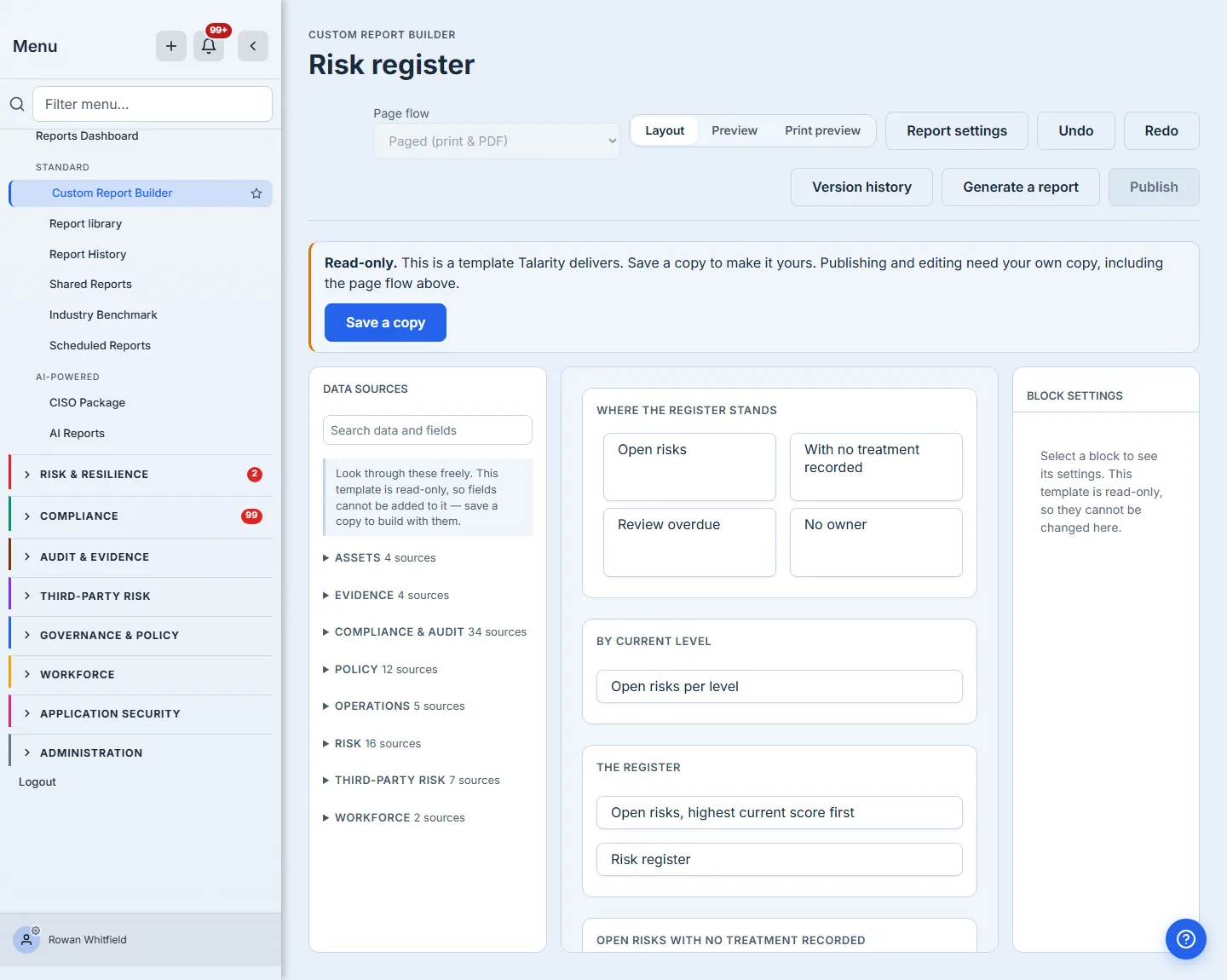 A delivered template open in the builder. A bordered panel with a warning rail reads "Read-only. This is a template Talarity delivers. Save a copy to make it yours. Publishing and changing the layout need your own copy", with a Save a copy button beneath it; above the panel the Publish button is greyed to an inert treatment and the layout selector, showing "Paged (print & PDF)", is disabled; the data sources panel explains that fields cannot be added until you copy it.