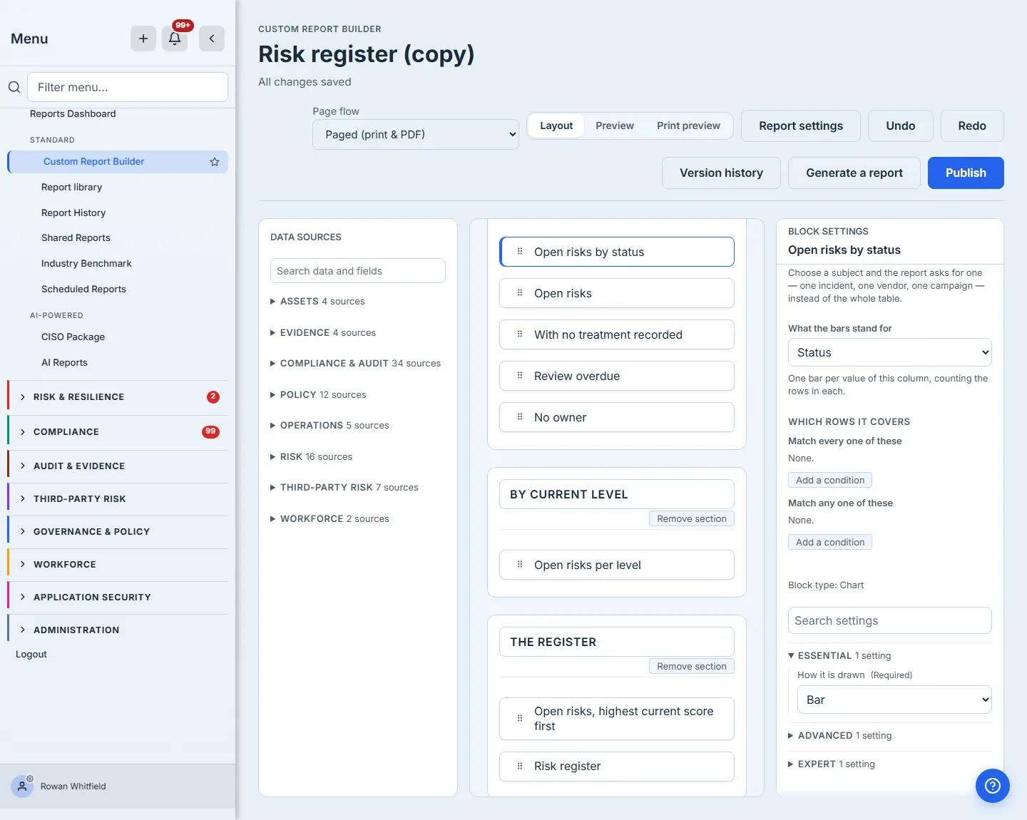 The block settings pane for a chart, scrolled to its tiers: the grouping control reading "What the bars stand for", the rows the block covers, and the three tiers beneath — Essential open with the one thing a chart must decide, Advanced and Expert folded away.