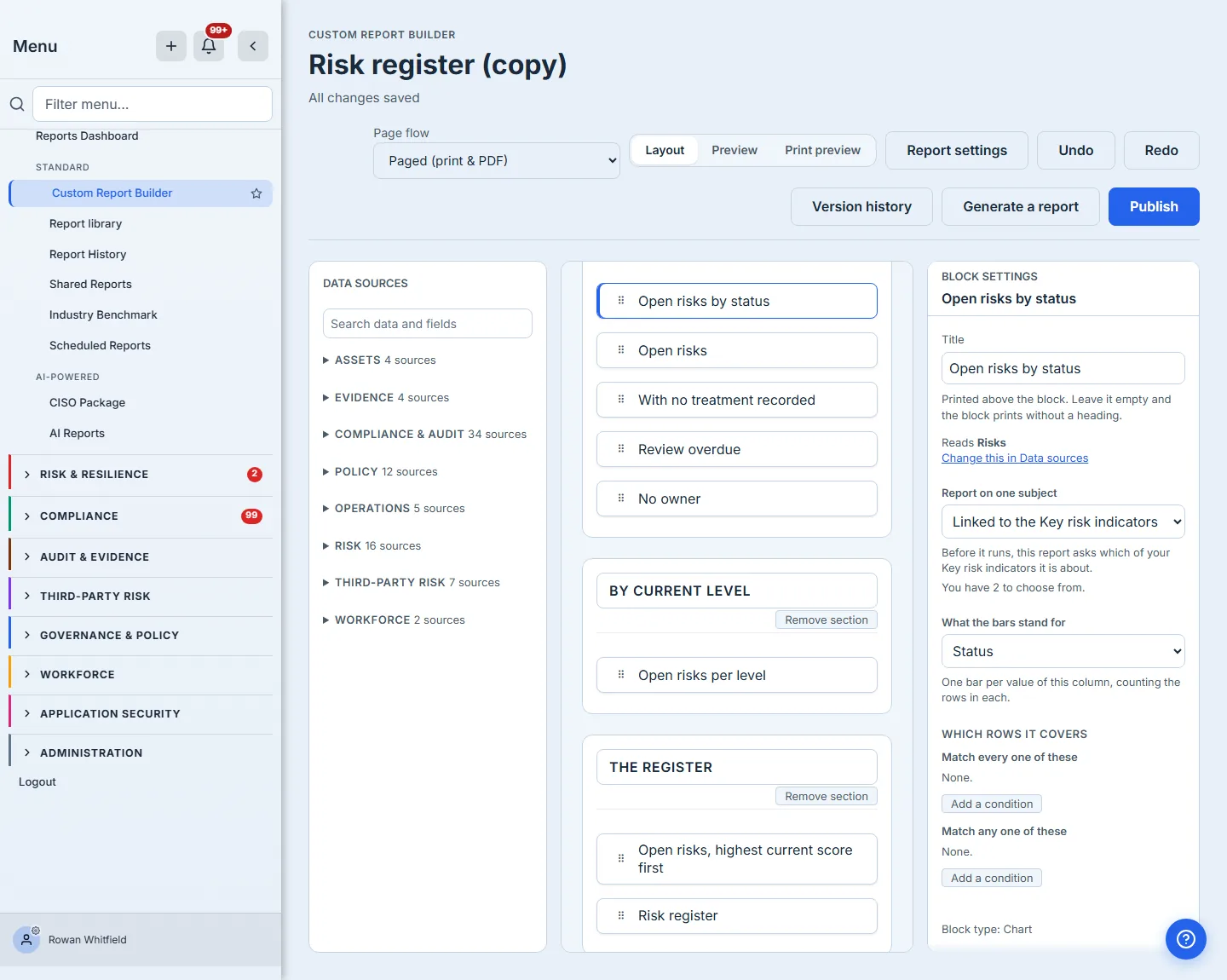The block settings pane scrolled to the top: the block's Title, printed above it on the page; what it reads and where to change that; and the subject control reading "Report on one subject" with "Linked to the Key risk indicators" chosen, over the consequence stated in the pane itself — before it runs, this report asks which of your Key risk indicators it is about.