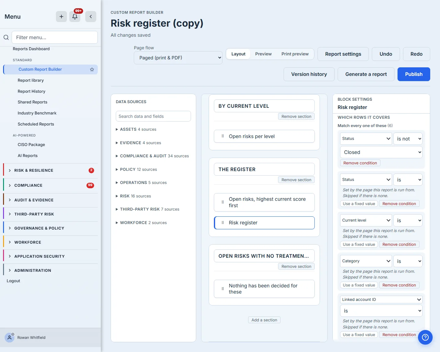 The register block's filter, headed "Match every one of these (6)": one condition reading Status is not Closed, its value a closed picker rather than a typed string, above four more whose value is set by the page the report was run from — each stating that it is supplied by the page, saying what happens when there is no page, and offering "Use a fixed value". The heading states the total of six; the last is below the fold.