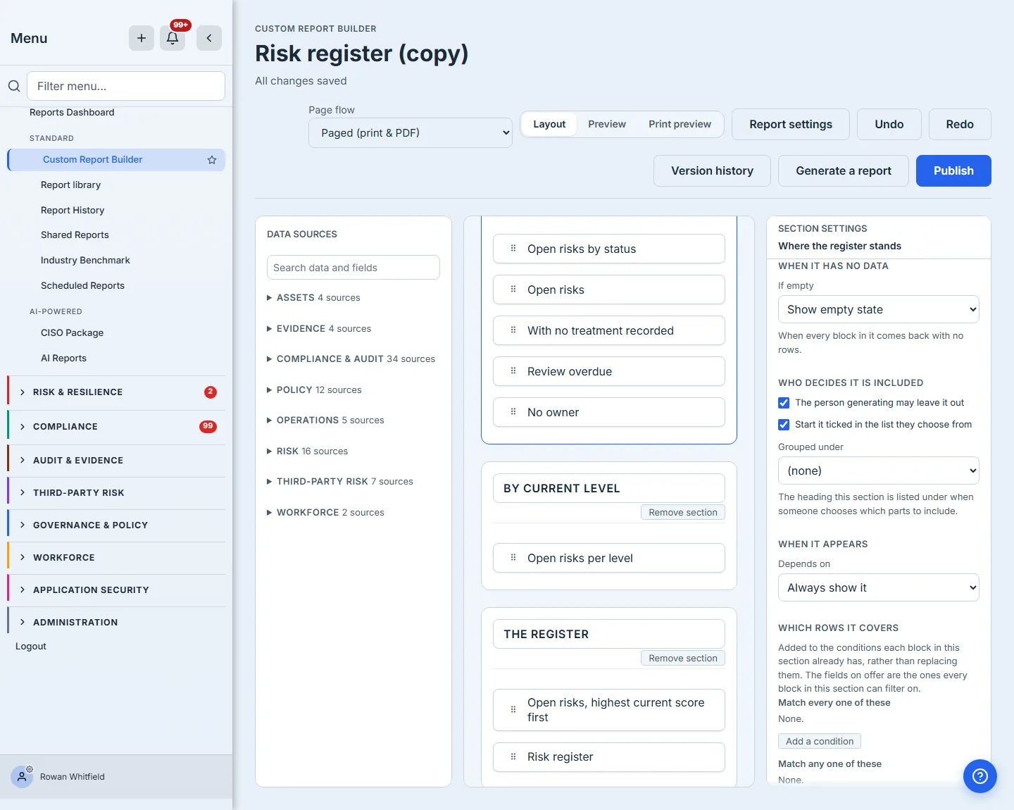 Section settings, from the top of the pane: "When it has no data" set to "Show empty state", with a line saying that applies when every block in the section comes back with no rows; then "Who decides it is included" — the section marked as one the person generating may leave out, and marked to start ticked in the list they choose from; then the heading it is grouped under, set to "(none)" here, with a line saying what that grouping does; then the rule for when it appears, set to "Always show it"; and beneath that the conditions the whole section covers, which start empty.