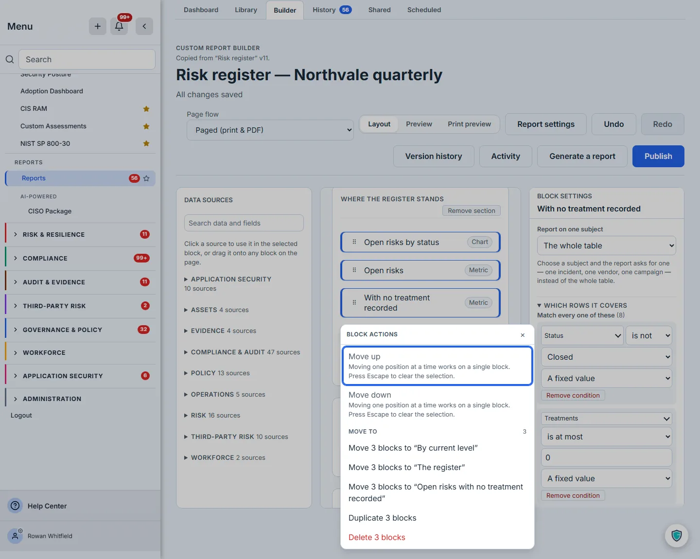 The block actions menu over three selected blocks. "Move up" and "Move down" are shown with the reason they cannot apply — moving one position at a time works on a single block, and Escape clears the selection — and beneath a "Move to" heading the report's other sections are listed as "Move 3 blocks to “By current level”", "Move 3 blocks to “The register”" and "Move 3 blocks to “Open risks with no treatment recorded”", then "Duplicate 3 blocks" and, in red, "Delete 3 blocks".