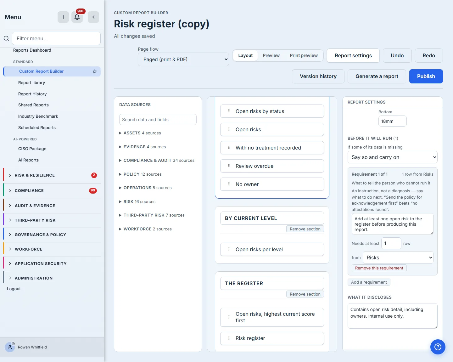 The "Before it will run" band: the choice of what to do when data is missing, then a numbered requirement card summarising what it asks for, the sentence shown to whoever cannot run the report — under a note that it should be an instruction rather than a diagnosis — the number of rows it needs and the data source it counts them from, with a control to add another.