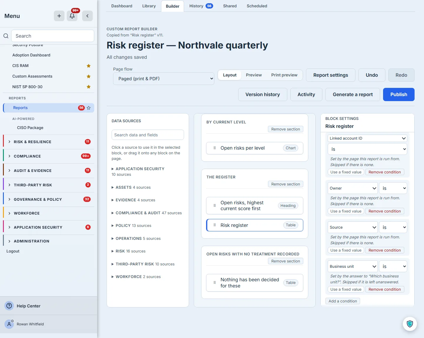 Block settings for the register table, with four conditions. Three read "Set by the page this report is run from. Skipped if there is none." The fourth, on Business unit, reads "Set by the answer to “Which business unit?”. Skipped if it is left unanswered." Each condition carries a "Use a fixed value" control to convert it back, and a "Remove condition" beside it.