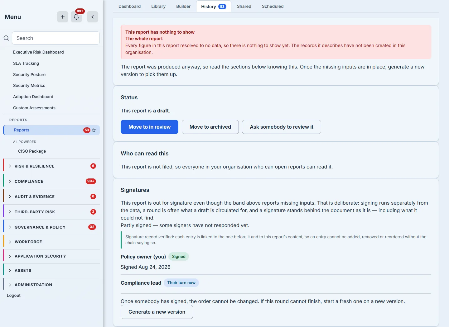 A signing round with its first slot signed. This frame carries no title and no content hash, so nothing in it identifies which report it is — and the two role names it shows, "Policy owner (you)" and "Compliance lead", are the slots this template names, so they recur on several frames in different states. The readiness band states that every figure resolved to no data; below it the Status card reads "This report is a draft."; below that a "Who can read this" card reads "This report is not filed, so everyone in your organisation who can open reports can read it." The Signatures card opens with the reconciliation — "This report is out for signature even though the band above reports missing inputs. That is deliberate: signing runs separately from the data, a round is often what a draft is circulated for, and a signature stands behind the document as it is — including what it could not find." — then "Partly signed — some signers have not responded yet", then the chain verdict: "Signature record verified: each entry is linked to the one before it and to this report's content, so an entry cannot be added, removed or reordered without the chain saying so". Beneath it "Policy owner (you)" carries a "Signed" pill and, beneath it, the date — "Signed Aug 24, 2026" — and nothing further, because the pill and the date have already said it; "Compliance lead" carries "Their turn now". The card closes with "Once somebody has signed, the order cannot be changed. If this round cannot finish, start a fresh one on a new version." above a "Generate a new version" button.