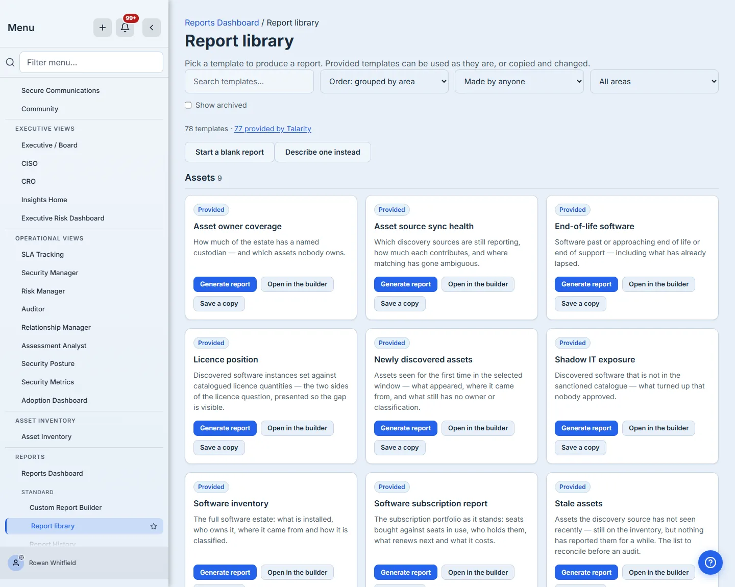 The report template library — templates grouped by area, each card carrying a plain-English description and three actions, and every delivered one wearing a Provided badge.