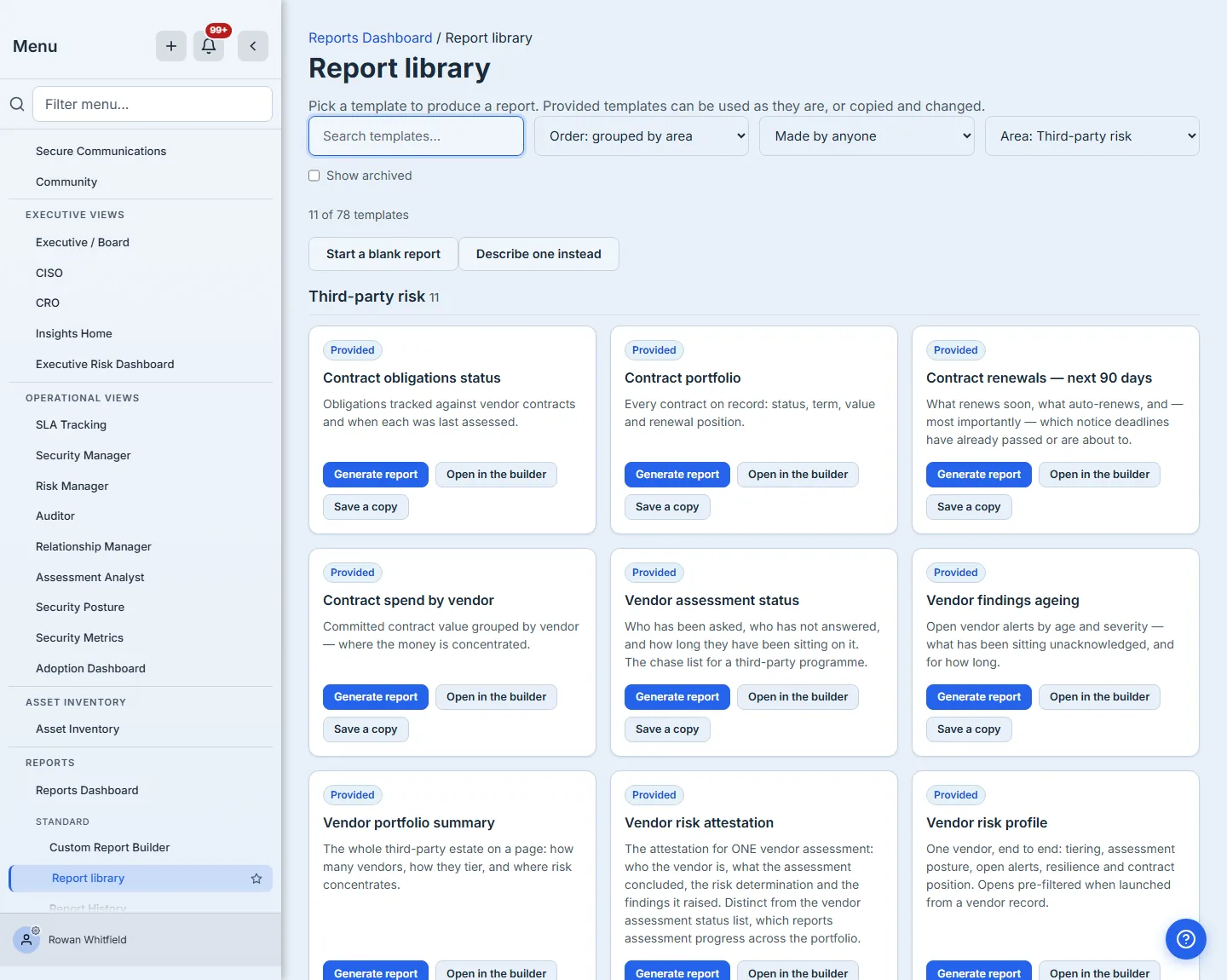 The area filter set to Third-party risk — one group left, its count recomputed, and the rest of the catalogue out of the way.