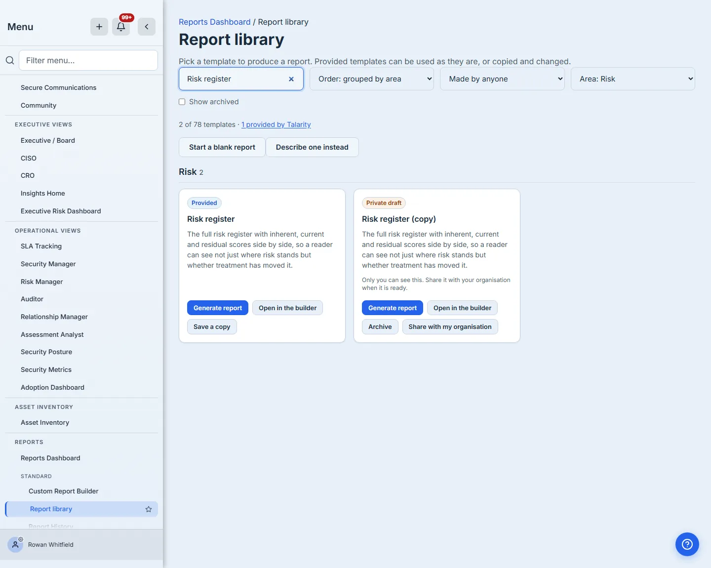 Your private copy in the library, beside the delivered template it came from — a Private draft badge and the line "Only you can see this", with Archive and Share with my organisation on the copy.