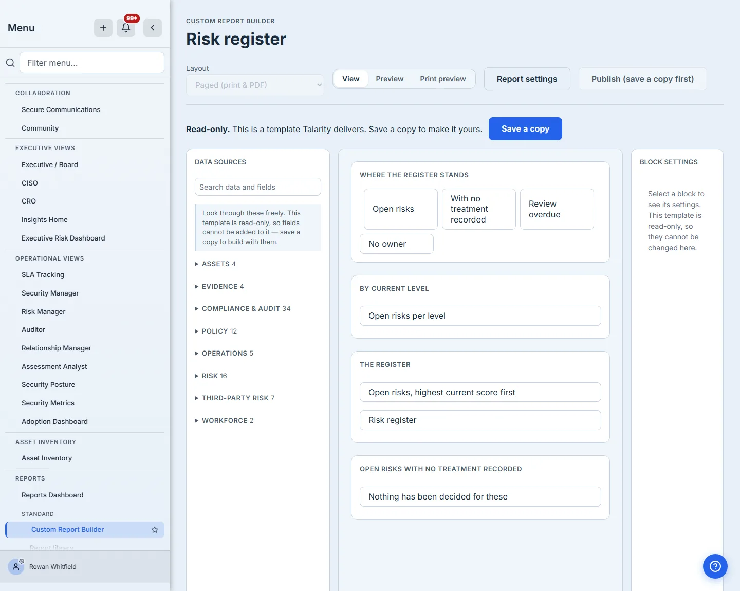 A delivered template open in the builder, read-only, with the banner "This is a template Talarity delivers. Save a copy to make it yours." and a Save a copy button.