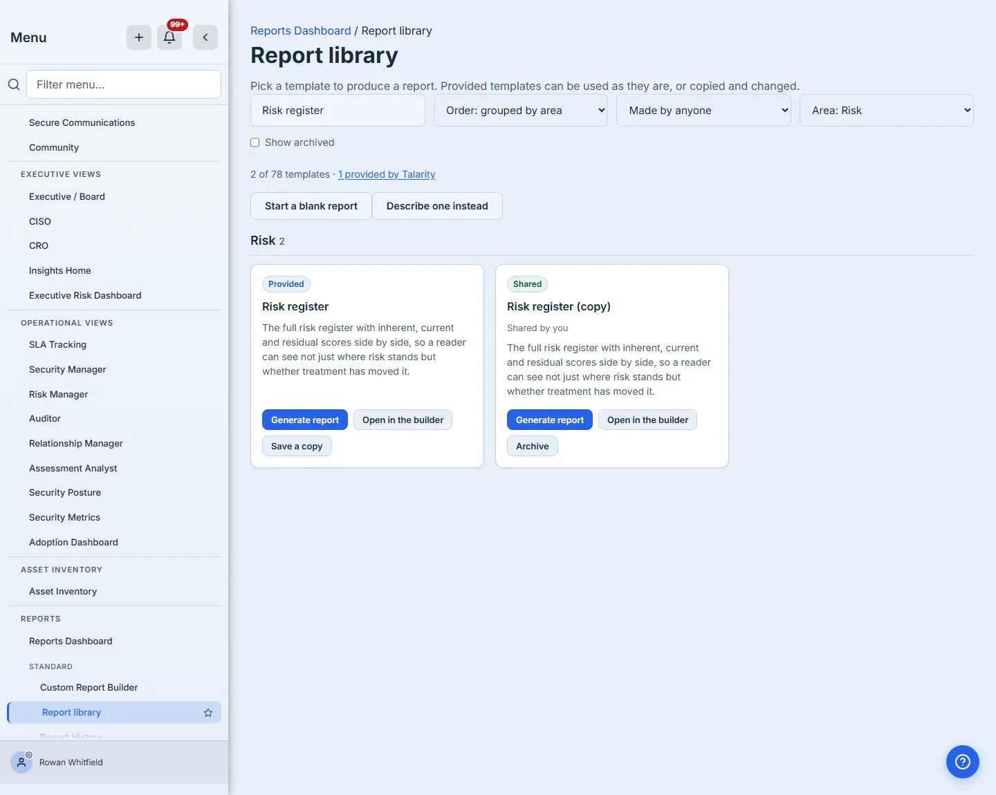 The same template after sharing — the Private draft badge has been replaced by a Shared badge, the card records who shared it, and the copy sits in the organisation's library beside the template it came from.