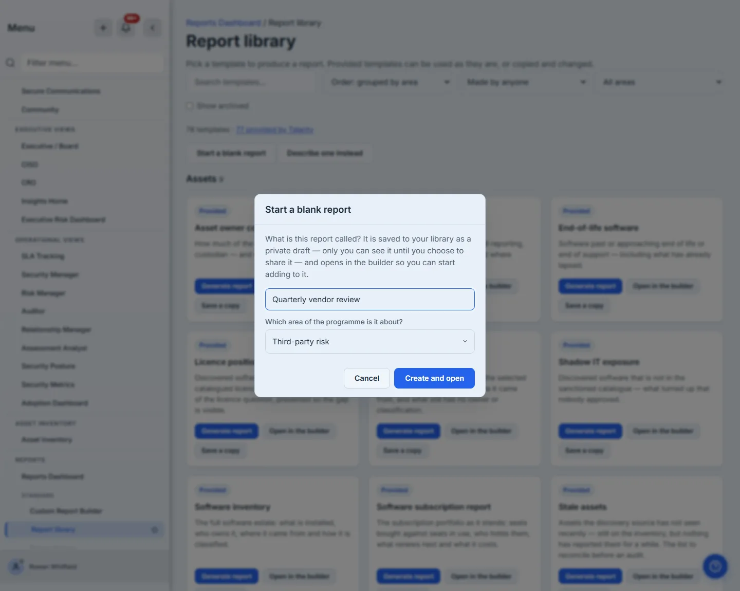 Naming a new report — the dialog that opens from Start a blank report, with the name typed in and the area it belongs to chosen.