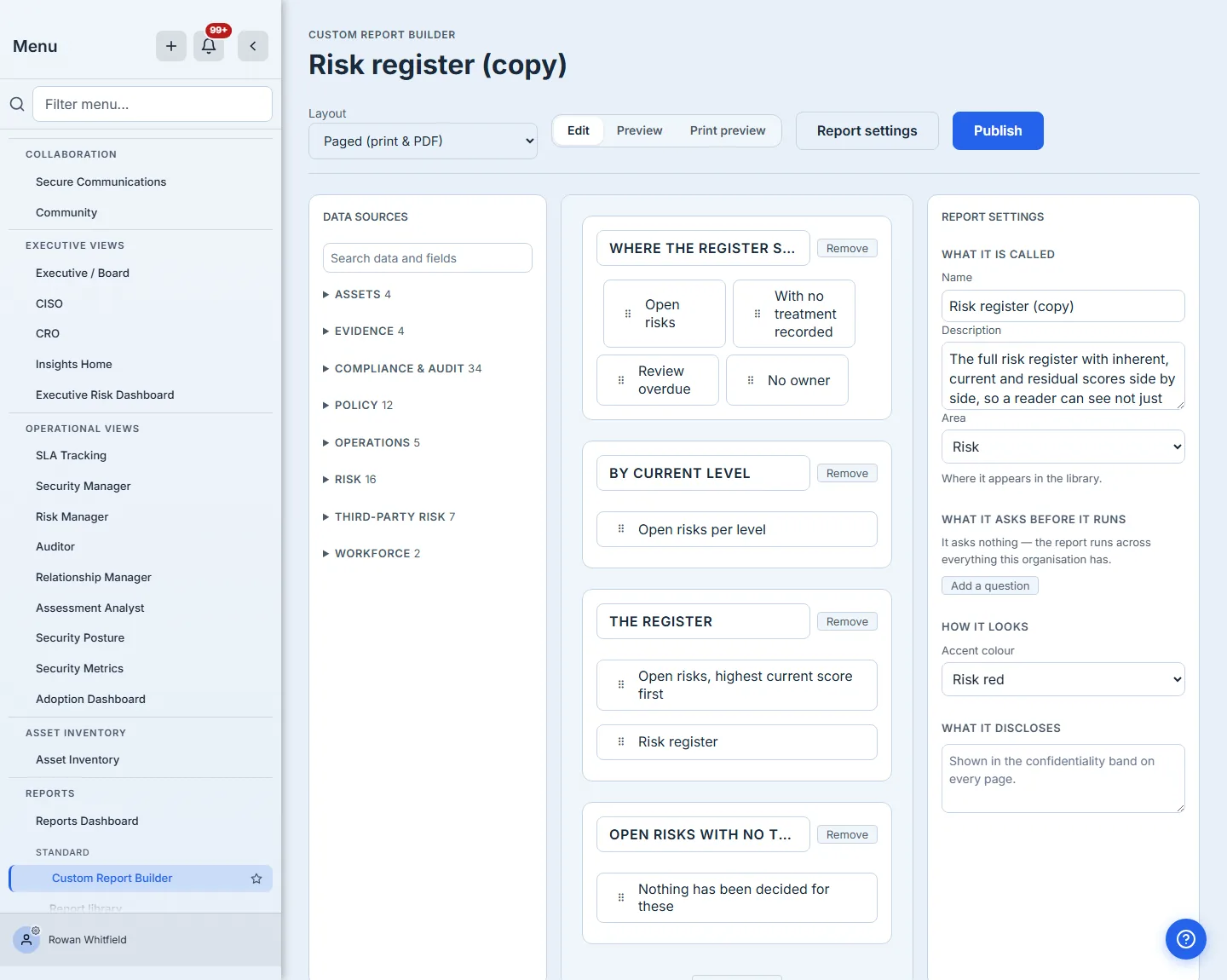 Report settings in the builder, showing the report's name, description and the area it is filed under, all editable on a copy you own.