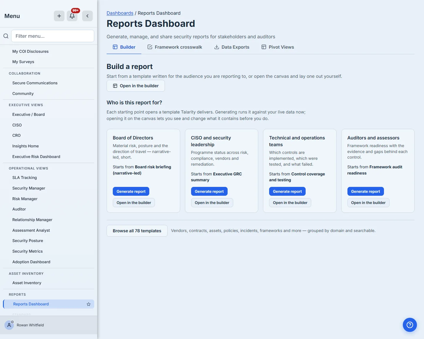 The Reports Dashboard — four tabs, and four audience starting points for the board, security leadership, technical teams and auditors.