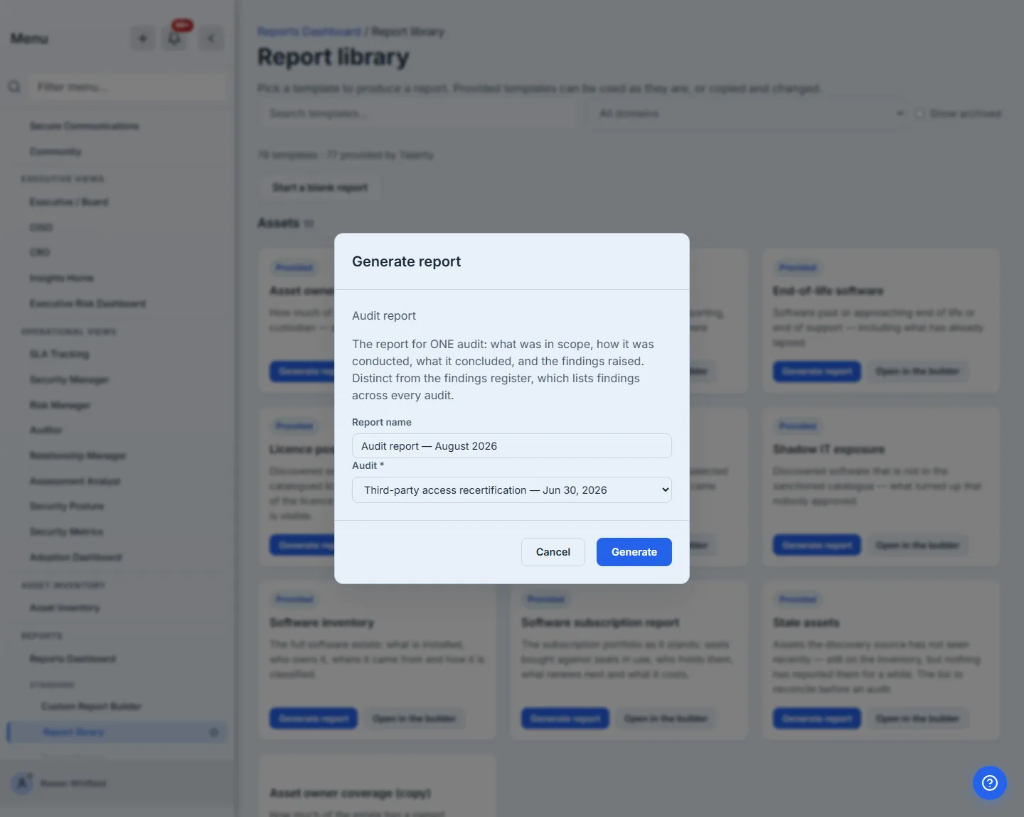 Generating a report — the template's declared parameters, with the subject picked from a list rather than typed.