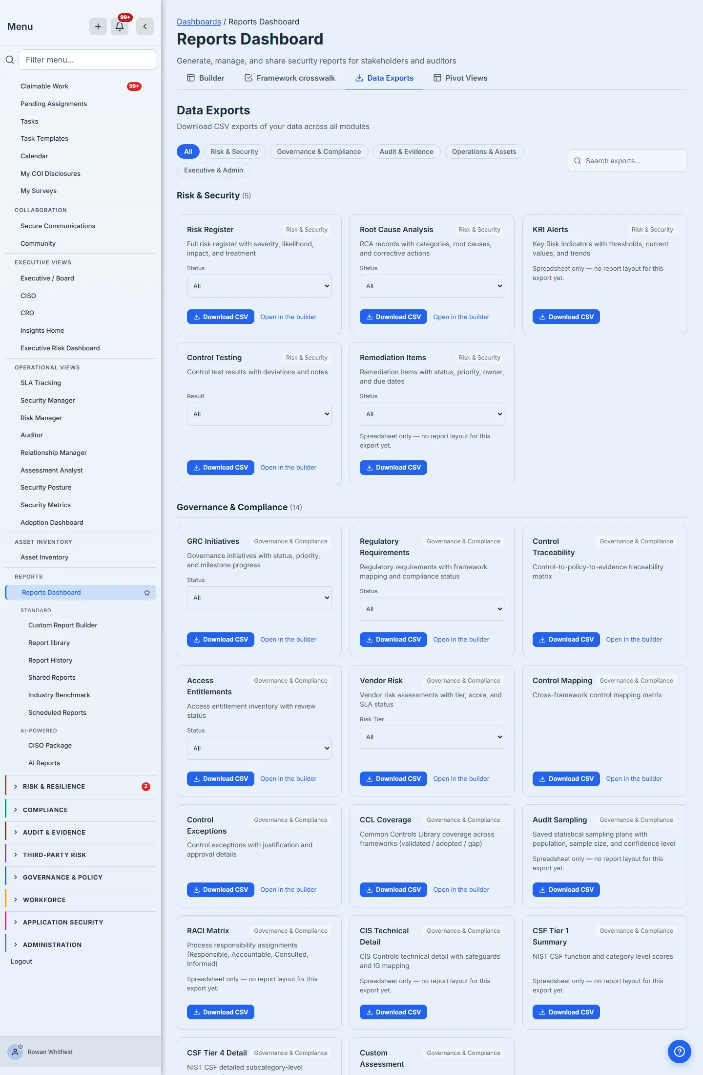 Data Exports — category chips and export cards with Download CSV, filters on the exports that declare one, Open in the builder on those with a report layout, and "Spreadsheet only — no report layout for this export yet" on those without.