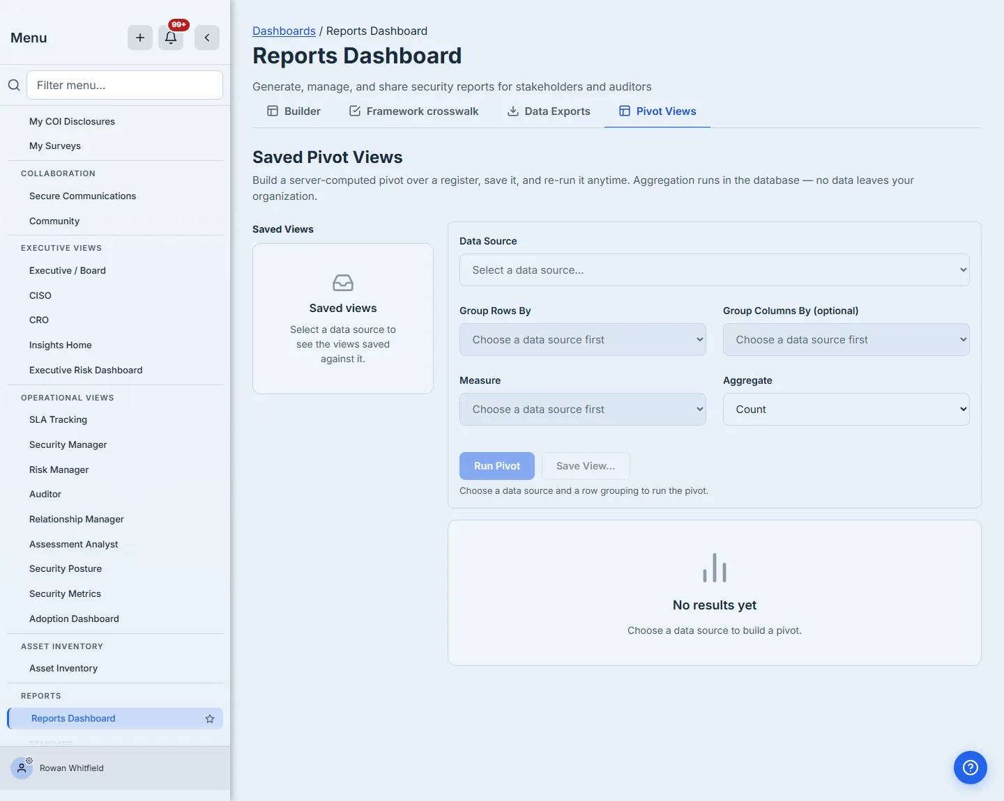 Saved Pivot Views — data source, group-by, measure and aggregate, with Run Pivot and Save View.