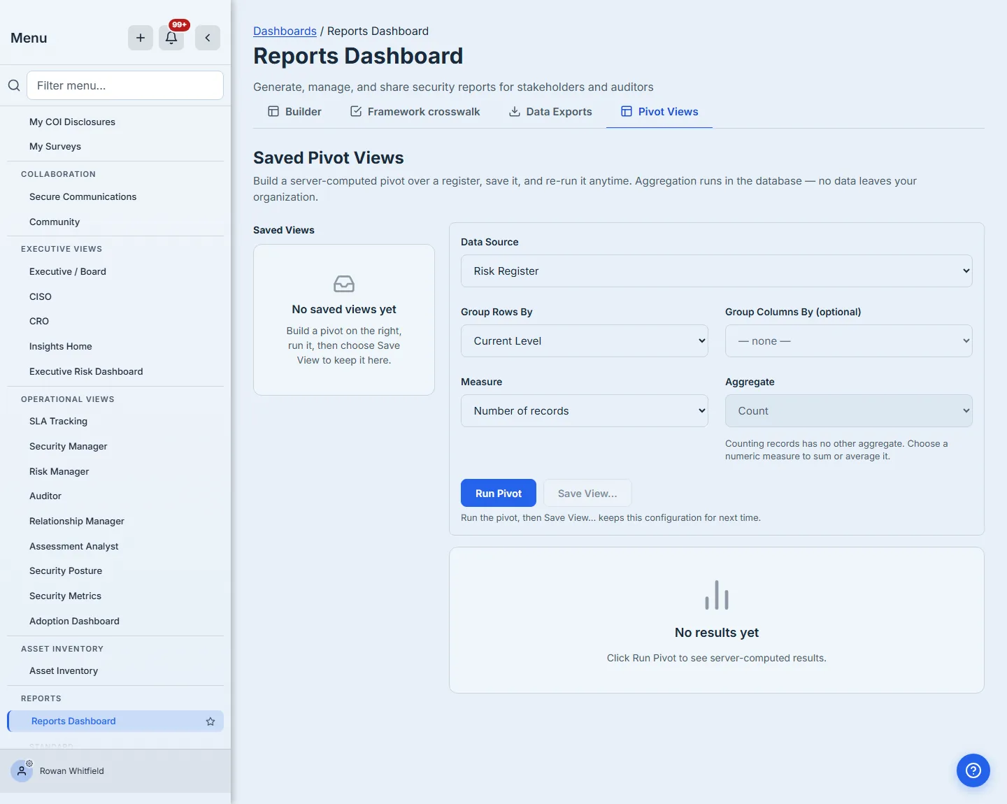 A pivot configured against the Risk Register, grouped by current risk level.