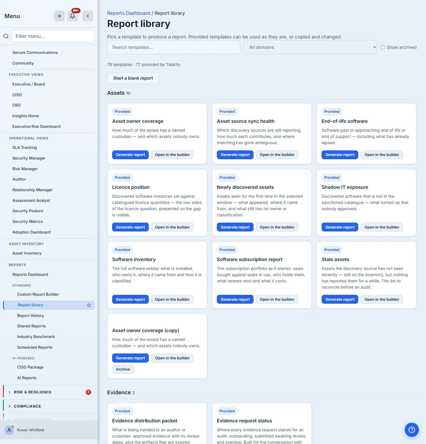 The report template library — a card grid grouped by domain, every card carrying a description, Generate report and Open in the builder. The delivered ones wear a Provided badge; the organisation's own copy, at the foot of the Assets group, does not.