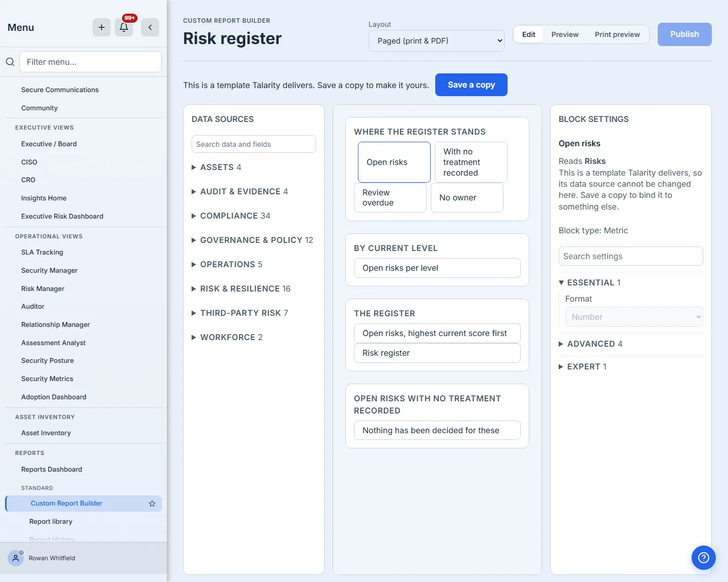 A block selected on a delivered template — the inspector names the block, says which dataset it reads and why that cannot be changed here, and groups its settings into Essential, Advanced and Expert tiers, with the expanded Essential tier showing its Format control disabled because this template cannot be saved over.